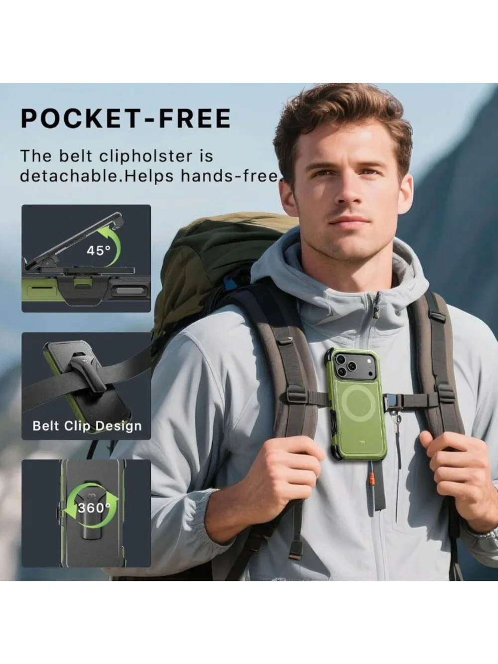 Army Green iPhone 17 Pro Max Case with Belt Clip, 360° Kickstand & Screen